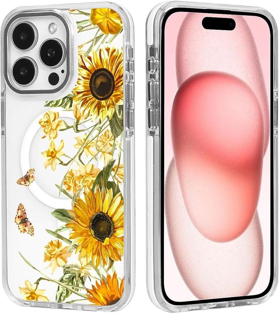 Case for iPhone 15 Pro Max, Compatible with MagSafe, Yellow Sunflowers for Shockproof Protective, Slim Hard PC+TPU Cute Bumper Magnetic Clear Case for iPhone 15 Pro Max - White