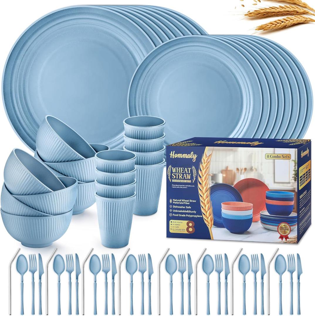 Wheat Straw Dinnerware Sets,64-Piece Plates and Bowls Sets for 8-Unbreakable,Reusable Plastic Dish Set-Dinner Plate/Dessert Plate/Cereal Bowl/Cup/Utensils-Microwavable Dishwasher Safe 64P-Blue