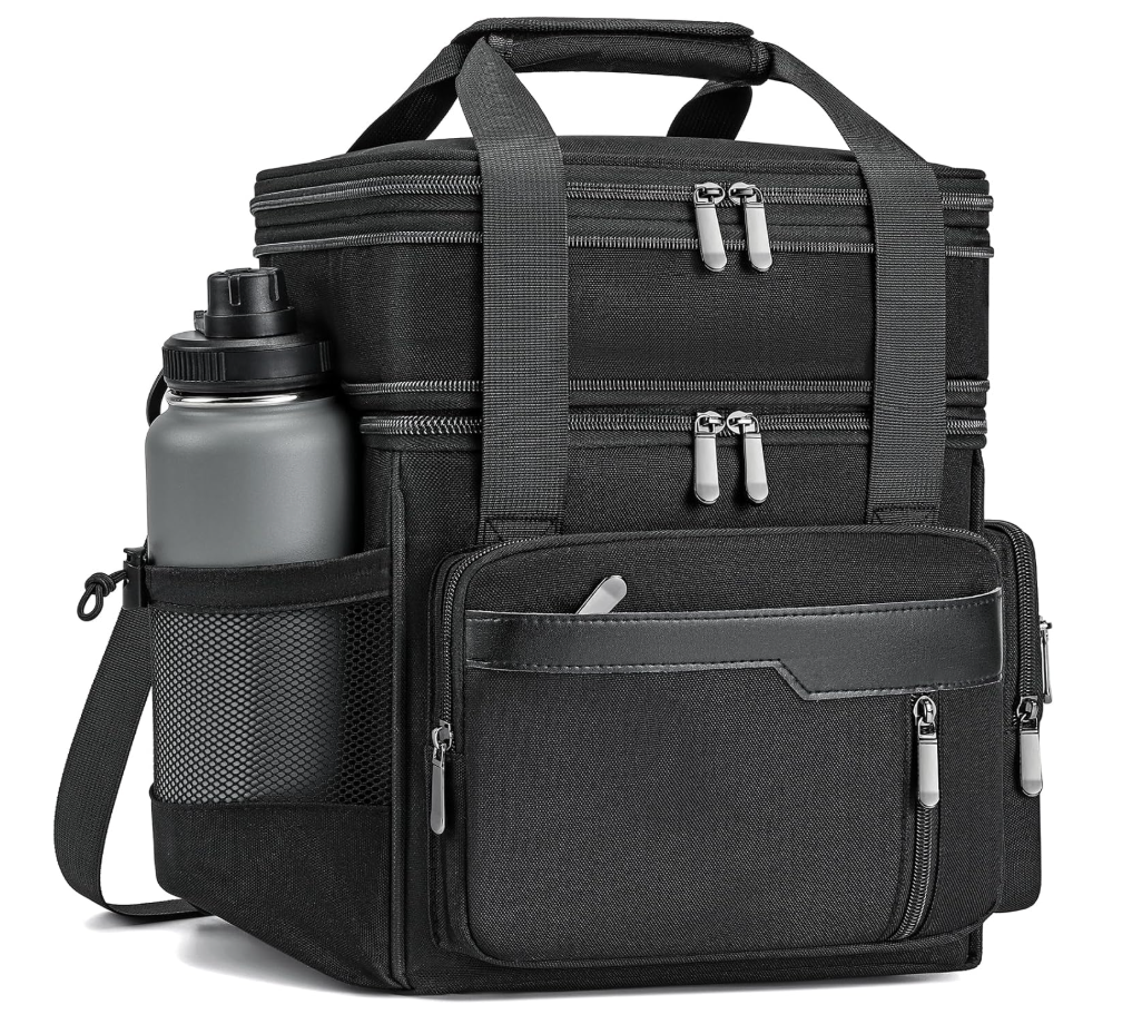 Insulated Lunch Box for Men, Double Deck Reusable Lunch Bag for Women, Leakproof Lunch Cooler Durable Waterproof Expandable - Lunchbox for Adult Work, Black,16L