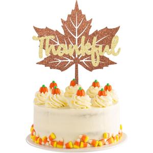 2 x Gyufise 1 Pack Thankful Glitter Cake Topper Happy Thanksgiving Day Cake Decoration for Fall Harvest Party Clear Treat Picks Autumn Party Supplies (Brown)