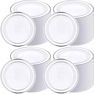 Sieral 200 Pieces Disposable Plates Plastic Party Plates with Rim Hard Plastic Appetizer Salad Dessert 7.5 Inch Elegant Heavy Duty Tableware for Dinner Wedding Party Supplies(Silver Rim)