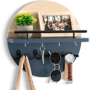 Key Holder for Wall Decorative with Shelf and Hooks, Mail Organizer Wall Mount with Sunglasses Holder, Circular Design Entryway Key Rack Hanger, Rustic Home Decor (Light brown&Navy blue)