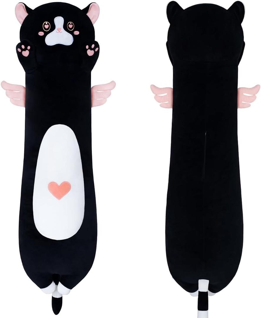 Long Plush Toy Cat Pillow Cute Plush Cat Toy Doll Stuffed Animal Cat Hugging Pillow for Sleeping Gift for Kids and Girls(Black&Pink,90cm/35.4in)