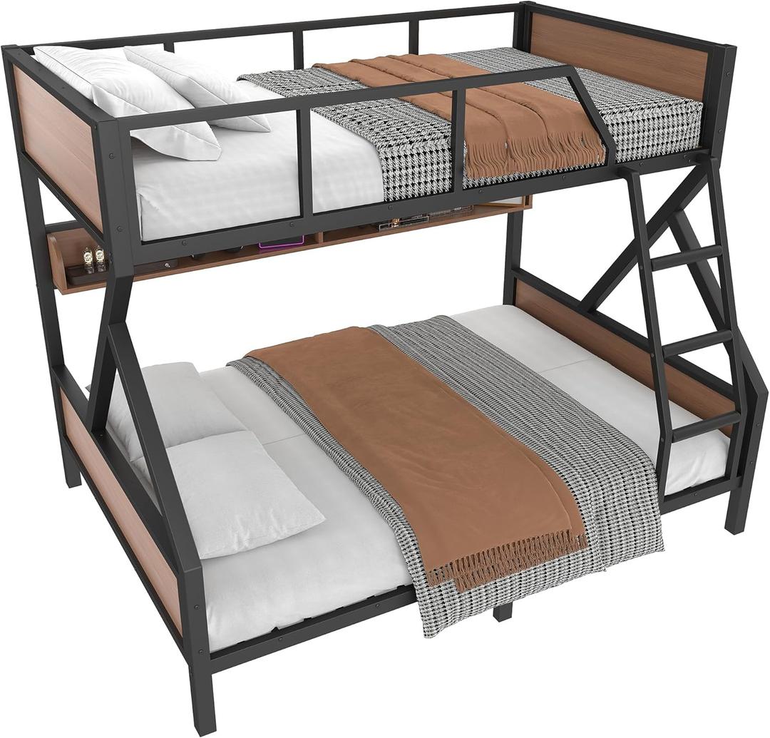 Bellemave Full XL Over Queen Size Bunk Bed with Storage Shelves and LED Lights,Heavy Duty Adult Bunk Beds with Angled Ladder,Metal Queen Bunk Bed,Black