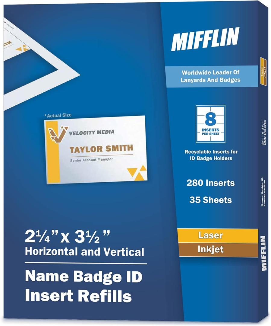 Mifflin-USA Name Badge Inserts, 2.25x3.5 or 3.5x2.25 (280 Cardstock Refills, 35 Sheets), Compatible With Inkjet, Laser Printer, and Printable Badge Inserts