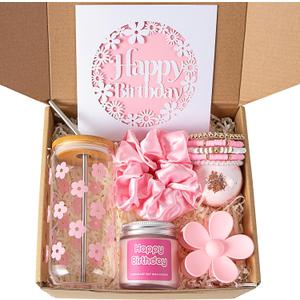 JTEWB Birthday Gifts For Women, Teen Girl, Her, Happy Birthday Gift Box For Girl, Women, Sister, Daughter, Friends, Cute Daisy Aesthetic Glass Cups Gift Set 7pcs (Light Pink)