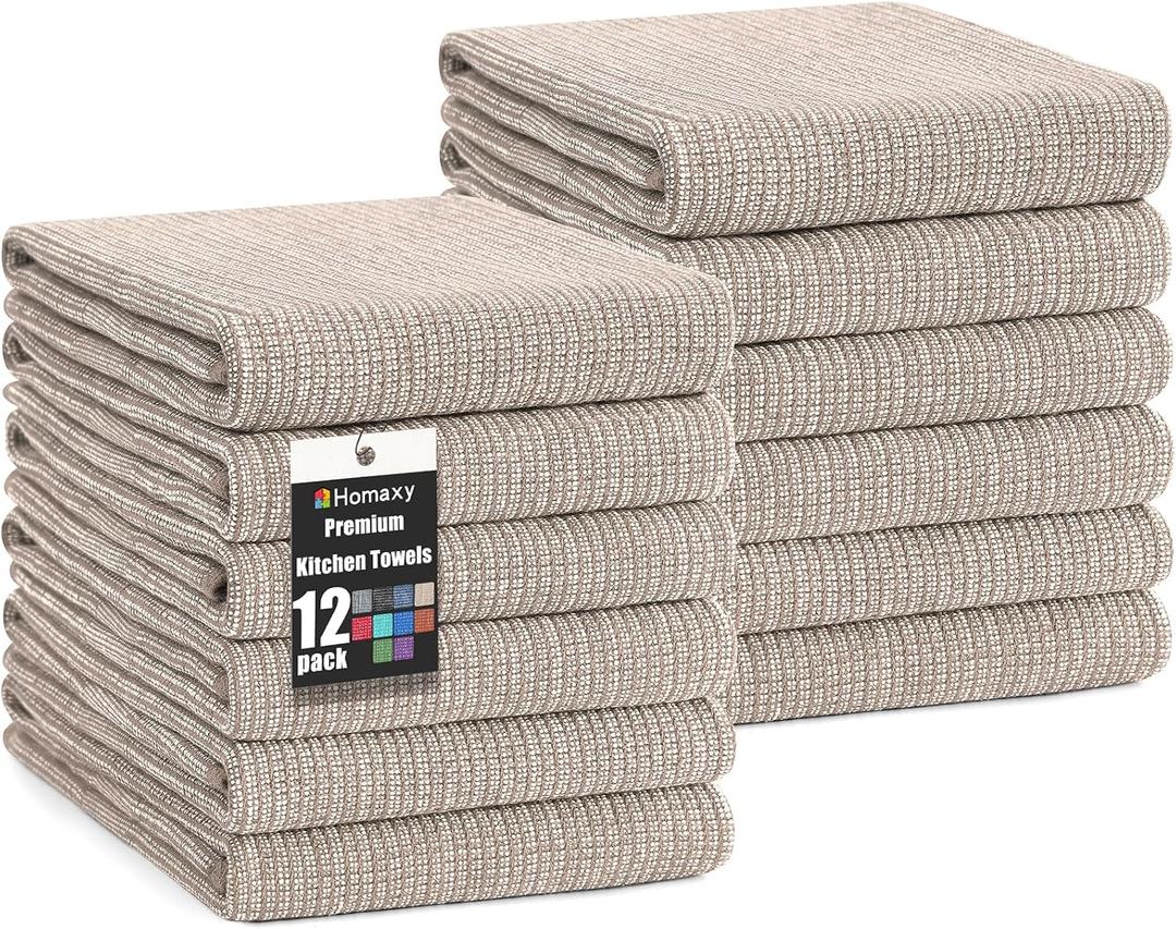 Homaxy Premium Kitchen Towels(18x 28, 12 Pack), Large Cotton Kitchen Hand Towels, Flat and Terry Dish Towels, 380 GSM Highly Absorbent Tea Towel Set with Hanging Loop, Khaki