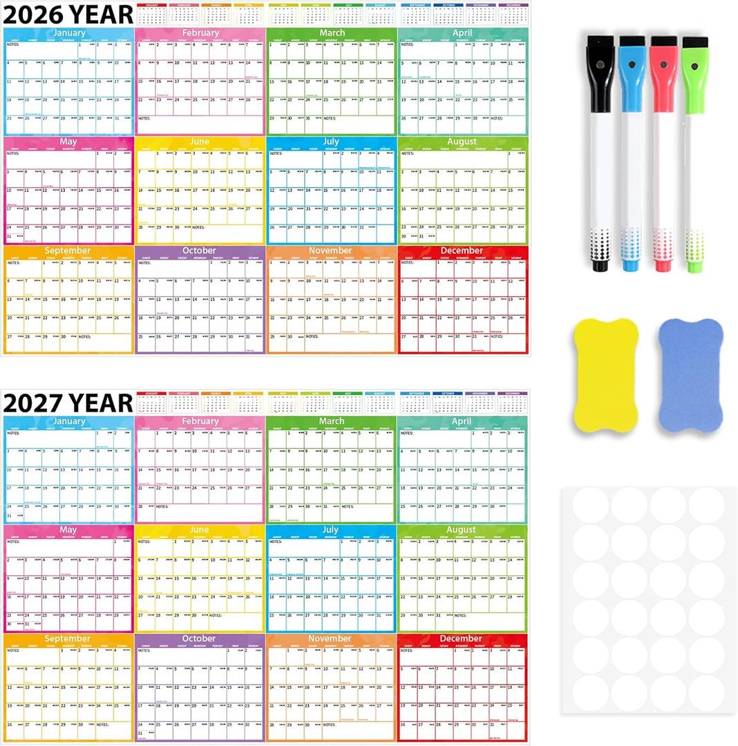 2026-2027 Large Dry Erase Calendar for Wall 48" x 32" Yearly Wall Calendar 24 Month Calendar Planner Laminated Erasable Yearly Planner Annual Task Organizer for Office School Home Use(Fold Package)
