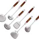 VALESKA Kitchen Utensils Set with Wood Handle, 6 Pieces Stainless Steel Utensils Set, Metal Cooking Utensils Set, Non-Stick and Heat Resistant