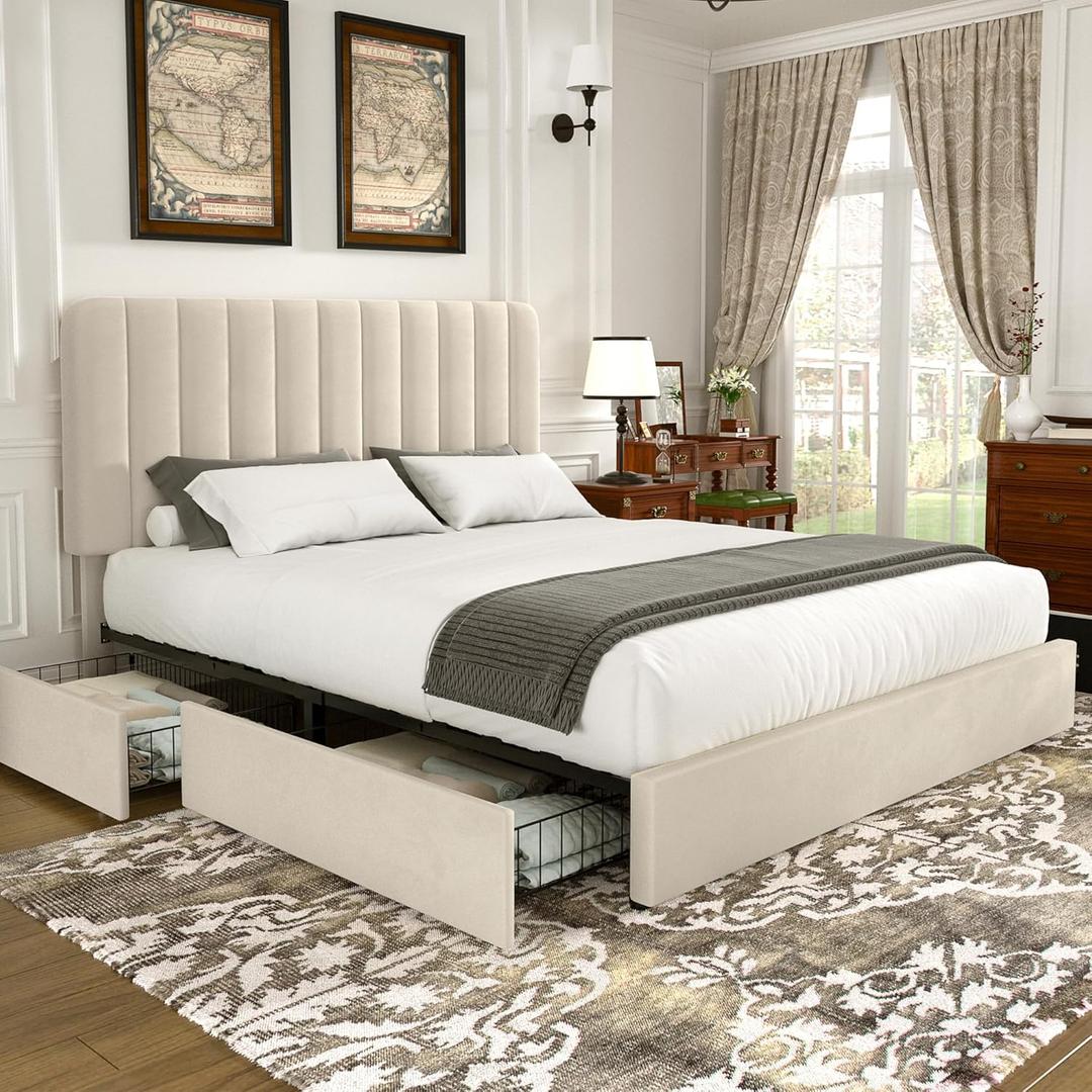 VECELO King Size Upholstered Bed Frame with 4 Drawers and Headboard, Velvet Platform Storage Bedframe, Wooden Slats Support, No Box Spring Needed,Bone Beige