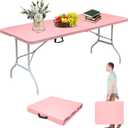 Portable 6Ft Folding Table, Heavy Duty Plastic Fold-in-Half Utility Foldable Dining Table, Multi-Purpose Plastic Folding Table with Carrying Handle for Camping and Party Indoor/Outdoor (Pink)