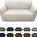 Pfrstuv Loveseat Sofa Slipcover Leather Look Couch Covers for 2 Seater Couch Sofa 1-Piece Sofa Cover Stretch Furniture Protector with Elastic Bottom & Pockets(Loveseat, Beige)