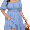SCOMCHIC Women's Plus Size Summer Dresses Cotton Short Sleeve Square Neck Ruffle A-Line Flowy Party Short Milkmaid Dress (Blue, XL)