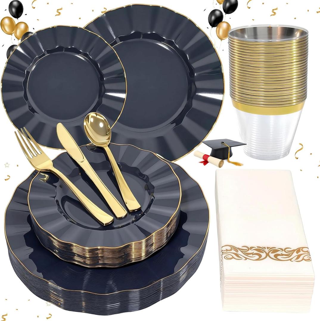Glowserve 175 Plastic Dinnerware Set, Disposable Dinnerware Set for 25 Guests Include 50 Plastic Plates, 25 Silverware Set, 25 Cups and 25 Napkins for Christmas, Party, Wedding(Navy Blue and Gold)