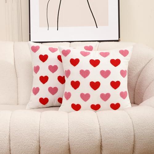 WOKANI Valentines Day Throw Pillow Covers 18x18 Set of 2 Heart Love Couples Decorations Embroidery Cushion Covers Home Decor for Couch Lover Girlfriend Sofa Bedroom, White Red Pink