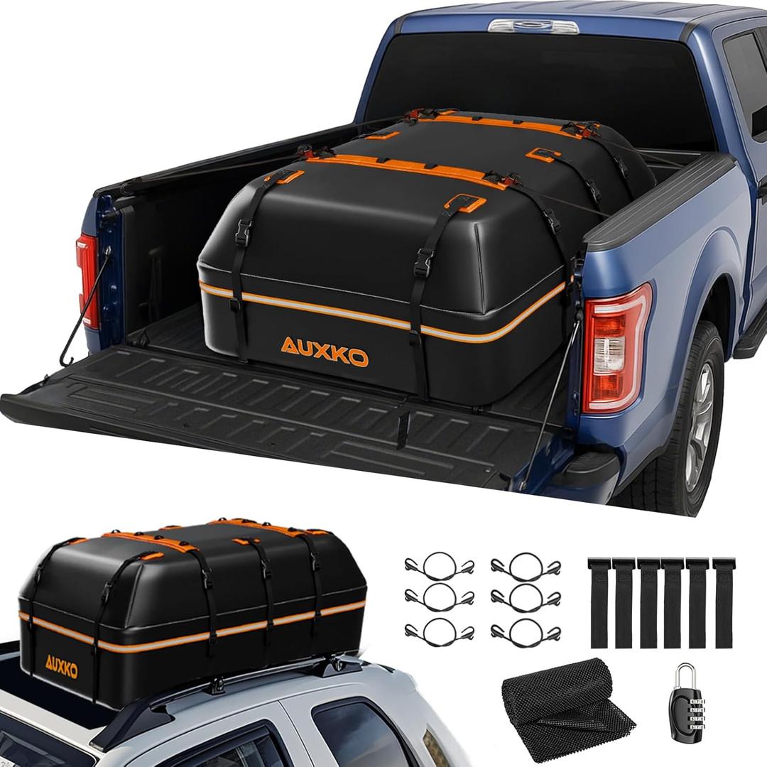 AUXKO 15 Cu.Ft Waterproof Rooftop Cargo Carrier for Cars/SUVs/Trucks, Foldable Soft Shell Roof Bag with Night-Reflective Strip, 6 Adjustable Bungee Straps & Door Hooks, Combination Lock, Anti-Slip Mat