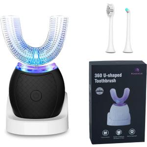 Ultrasonic U-Shaped Toothbrush for Teeth Whitening, Electric Toothbrush for Adults 360-degree Cleaning,3 Brush Heads, Wireless Charging and IPX7 Waterproof Kit for Travel or Home(Black)