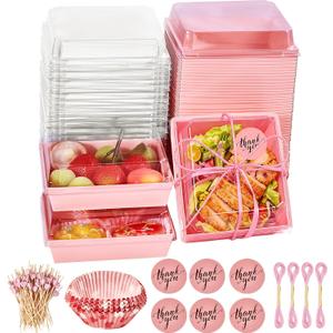 100 Pack Charcuterie Boxes with Clear Lids, 5.4 Inch To Go Paper Mini Food Containers, Disposable Dessert Sandwich Boxes +100 Toothpicks+100 Cupcake Liners for Cookies Donuts Muffins, Valentines Box