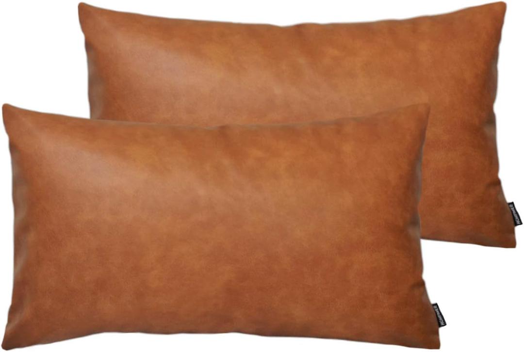 Set of 2 Thick Faux Leather Lumbar Throw Pillow Covers 12x20, Modern Farmhouse Boho Small Long Accent Scandinavian Decor Rectangle Decorative Cushion Cases for Couch Bed Sofa Cognac Brown