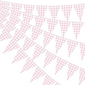 Pasimy 98.42 ft 120 Pieces Pink Gingham Pennant Banner - Pink Plaid Garland Decor Gingham String Triangle Party Bunting Flags for Birthday Baby Shower Party Decorations Supplies