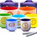 432HZ 7-12 inch Set of 7 Color Gold Powder Printing Frosted Chakra Quartz Crystal Sound Singing Bowls Healing Meditation Yogo and 2 Travel Carry Case Bag 2 Mallet Suede 2 Strikers 7 O-rings