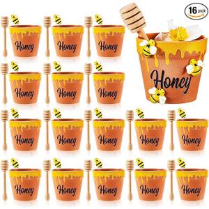 meekoo 16 Sets 16 Sets Mini Honey Bee Pots with Wooden Dippers Charms Honey Jars for Cupcake Planter Chocolate Chips bee Themed Baby Shower Favors Wedding Gifts for Guests