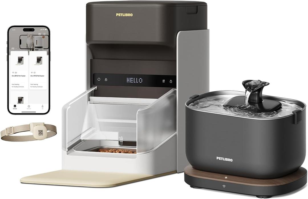 PETLIBRO Cat Water Fountain & RFID Automatic Pet Feeder Combo, APP Control for Feeding Schedule & Hydration Monitoring, 2.5L/84oz Dockstream Auto Water Dispenser, 3L Auto Feeder with Collar Tag