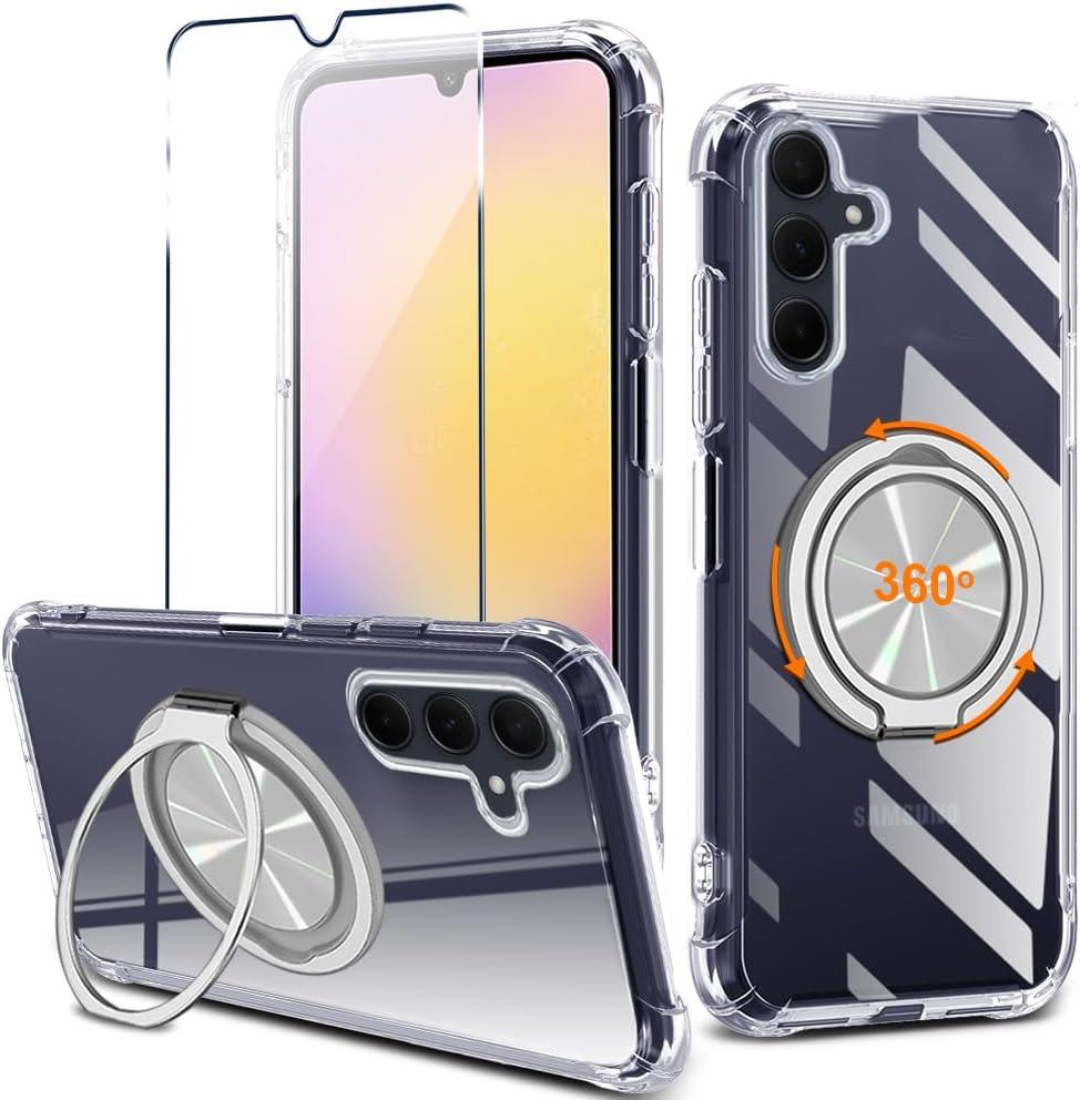 for Samsung Galaxy A17/A26 5G 2024 Phone Case with Screen Protector 360 Rotatable Ring Holder Kickstand/Stand [Non Yellowing] Transparent 4 Corners Shockproof Protective Cover Case - Crystal Clear