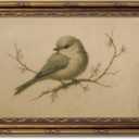 Myzoran Gold Framed Bird Canvas Wall Art,Vintage Birds Wall Decor Aesthetic,Cherry Blossom Beige Printing Artwork,Spring Rustic Minimalist Pictures, for Living Room Nursery Bedroom Decor 12X16in