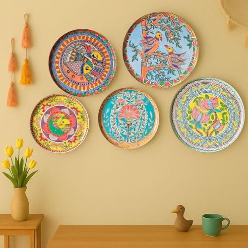 RITUALISTIC Madhubani Metal Wall Plates for Home Decoration | Set of 5 Decorative Wall Plates (Assorted Sizes) | Wall Décor for Living Room | Handmade Indian Art | Valentine's day gift Items