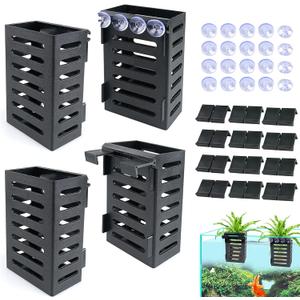 Aquarium Plant Holder 4 PCS Hanging Aquatic Plant Pot with 24 Hooks and 20 Suction Cups for Fish Tank Aquarium Planter and Aquascape Decorations (Black)