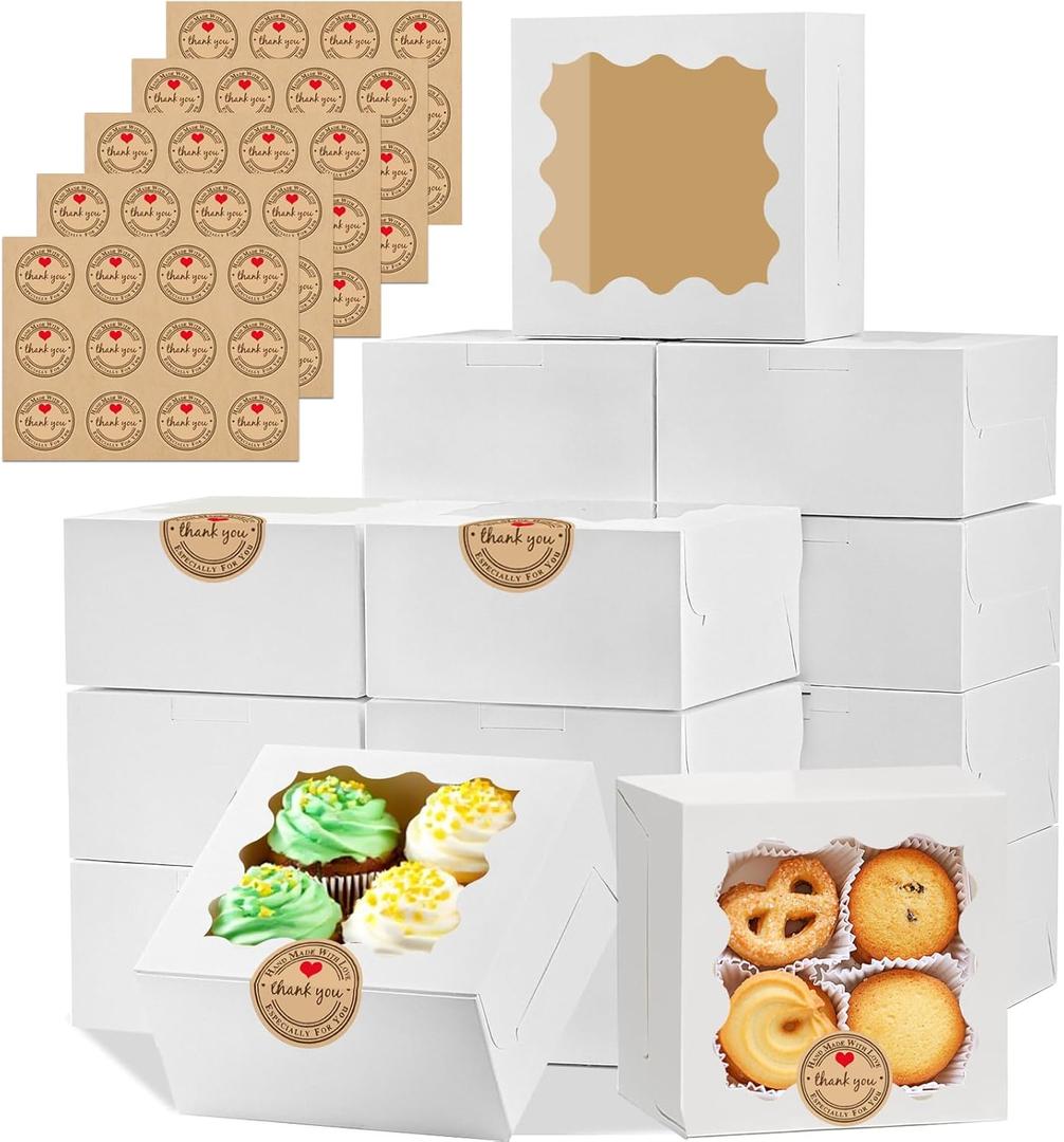 LTWQLing 50pcs White Cookie Boxes,4x4x2.5 Inches Bakery Boxes with Window,with Stickers, for Mini Cake Treat Dessert Pastry Donuts Macaroon Strawberries Chocolate Candy