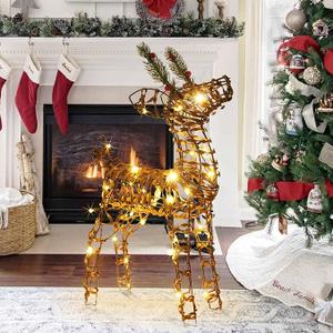 Christmas Reindeer Outdoor，23.6" H Light Up Reindeer Decoration，Prelit 3D Rattan Standing Christmas Deer with 40 Warm LED Lights for Xmas Outdoor Indoor Holiday Yard Garden Decor