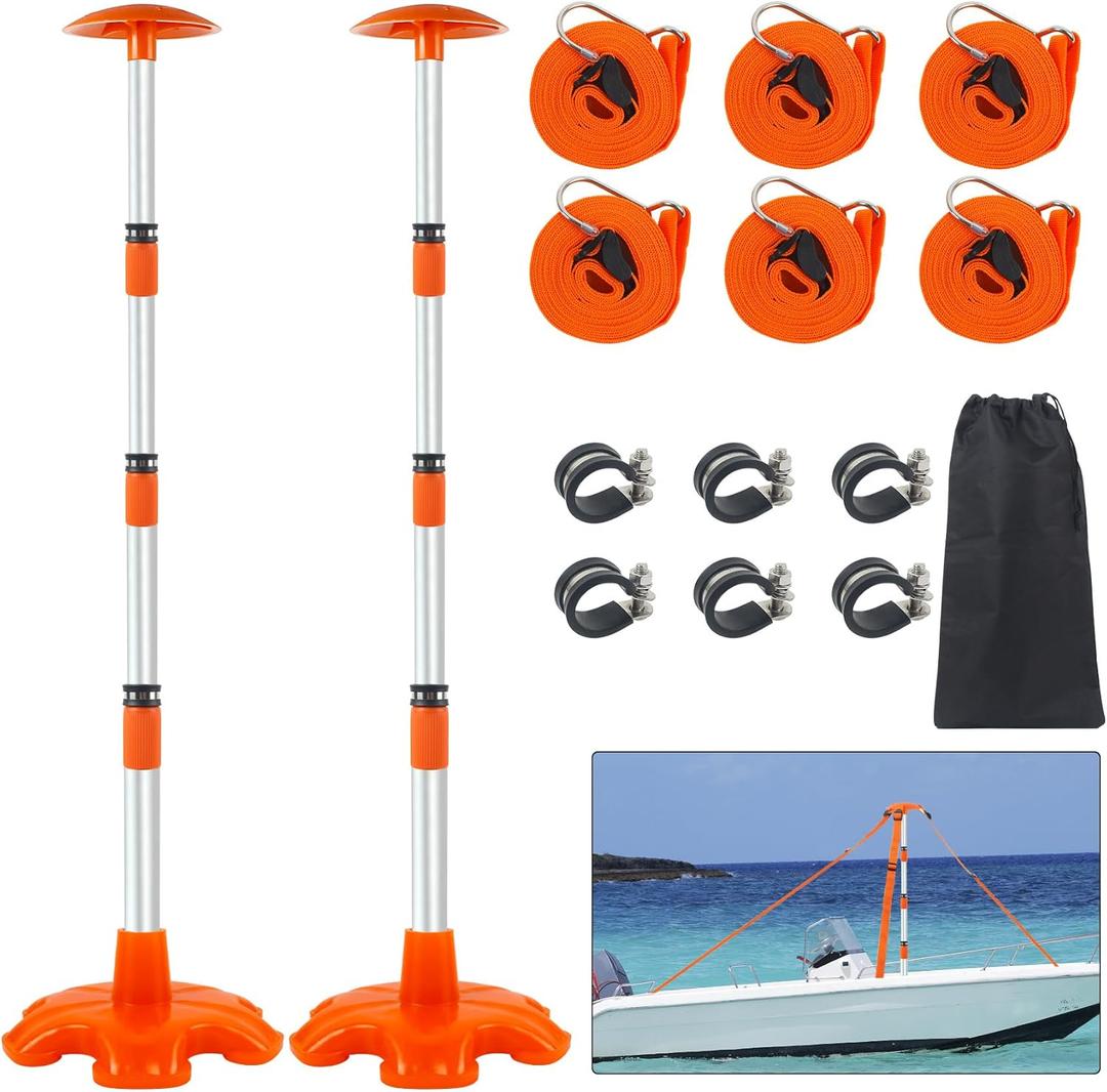 Boat Cover Support Poles 2 Pack,Height Adjustable Aluminum Support Pole with Non-Slip Rubber Base,Boat Cover Support to Prevent Rain/Snow from Accumulating,Including Webbing Straps (Orange)