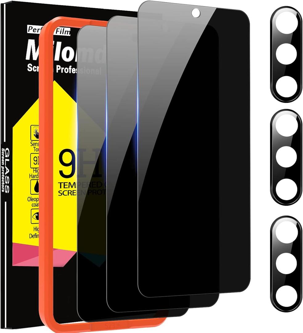 Milomdoi [3+3 Pack] for Samsung Galaxy S23 Privacy Screen Protector Tempered Glass Accessories 3 Pack Privacy Screen Samsung Galaxy S23 5G 3 Pcs camera Lens Protector Case fingerprint Suitable (6.1 Inch)