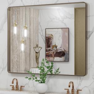 LOAAO 40X32 Bronze Bathroom Mirrors for Vanity, Rounded Rectangle Brushed Bronze Metal Frame Mirror, Anti-Rust, Tempered Glass, Hangs Horizontally or Vertically
