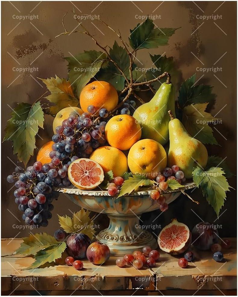 Still Life Paint by Numbers Kit for Adults - DIY Fruit Bowl with Pears and Grapes Painting on Canvas 16x20 Inches, Acrylic Paint Set, Suitable for Beginners, Art for Home Decoration or Gifts