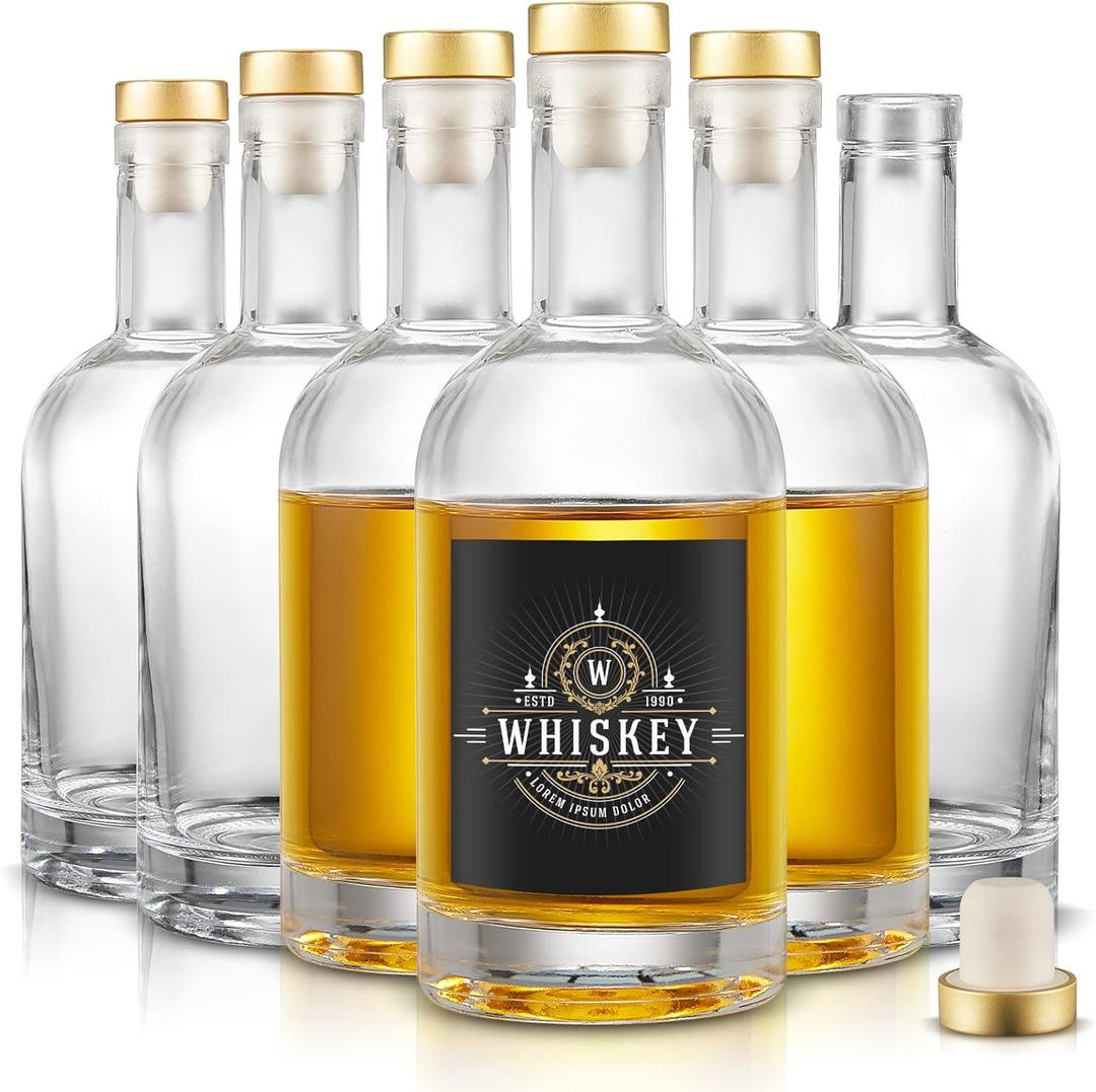 Mfacoy Set of 6 Glass Bottles, 12 oz Clear Liquor Bottles, Heavy Base Glass Bottle with T-Top Cap, Vodka Bottle for Wine Beverages Drinks Oil Vinegar Kombucha Beer with Cork Stopper Airtight Lid