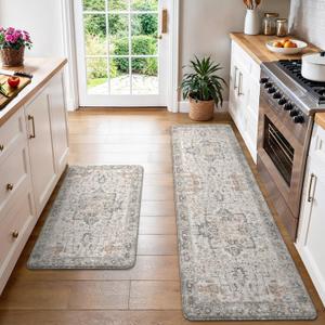 GENIMO Anti Fatigue Kitchen Mats for Floor 2PCS, Standing Rugs, Gray Taupe | 23"x71"+20"x32", Vintage Boho Cushioned Set, Waterproof, Non slip, Easy-clean for Home, Laundry, Sink, Office, Farmhouse