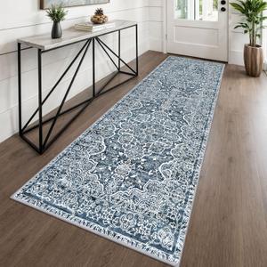 KUTA Vintage Washable Runner Rug, 2.6x8 Runners for Hallways Non-Slip Blue White Kitchen Rugs Ultra Soft Printed Tribal Floor Carpet for Bedroom Living Room Nursery Playroom