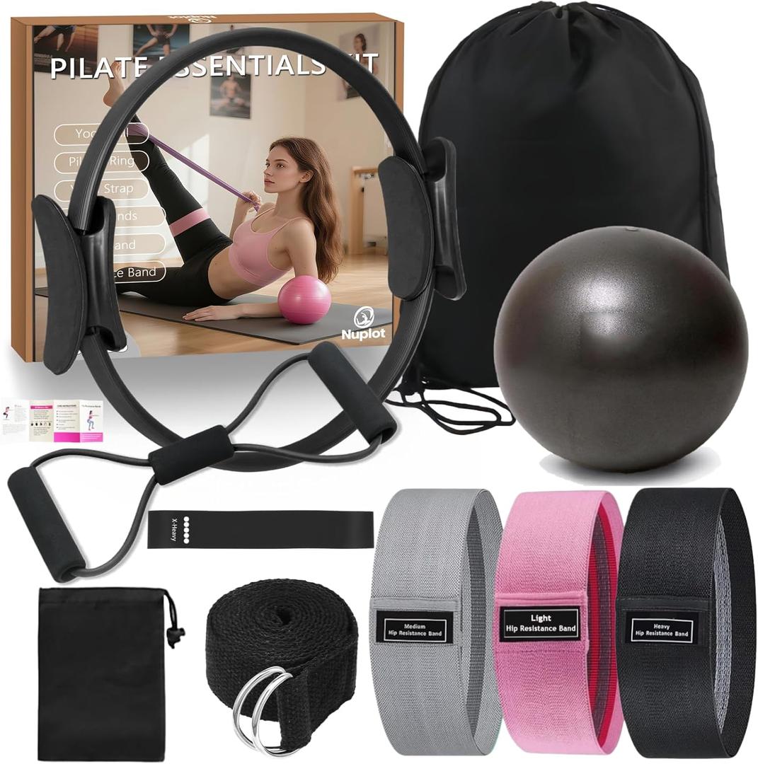 Nuplot Pilates Equipment, Pilates Kit for Home Workouts, Pilates Essentials Kit for Women, Home Pilates Kit with Pilates Ring and Ball Set, Booty Bands, Figure 8 Resistance Band, Yoga Band, 15"