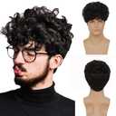 Swiking Curly Afro Black Men Wigs Short Fluffy Synthetic Hair Wig Halloween Party Cosplay Costume Full Wigs (Black)