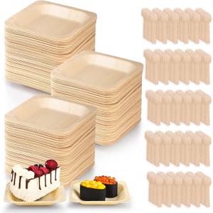 CONLI 300 Pcs Disposable Palm Leaf Bowls, Square Bamboo Appetizer Plates, Compostable Wood Plates with Bamboo Forks for Birthday Wedding Party, Dessert, Catering and Home Use (4.4 x 4.4x0.5 Inch)