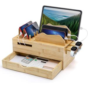 Yopay Family Charging Station with Drawer, Bamboo Charging Station for Multiple Devices, Cell Phone Docking Stations Organizer for Tablet, Laptop, Nightstand Bedside Desk Device Charger Organizer