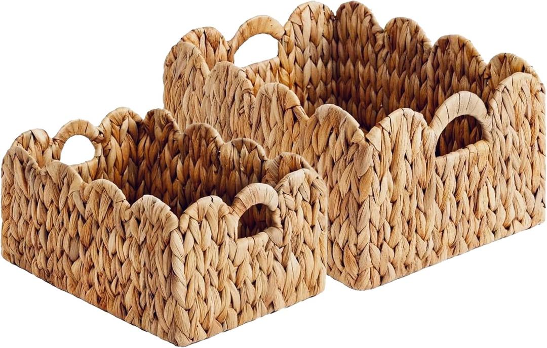 Set of 2 Scalloped Edge Wicker Storage Basket with Built-in Handles, Rectangle Water Hyacinth Basket for Organizing, Decorative Woven Rattan Basket for Shelf, Nursery Room
