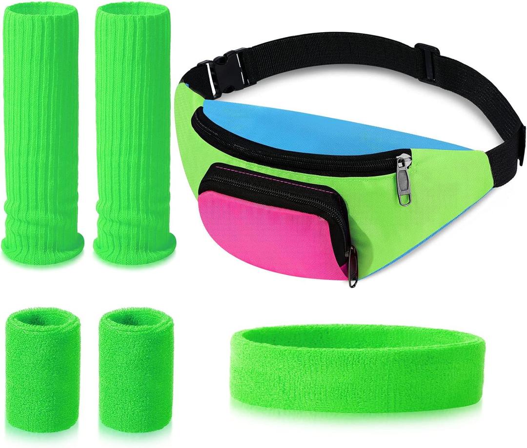 Xuniea 6 Pcs 80s 90s Workout Costumes Neon Leg Warmers Headband Wristbands Fanny Pack for 80s 90s Theme Carnival Party(Green)