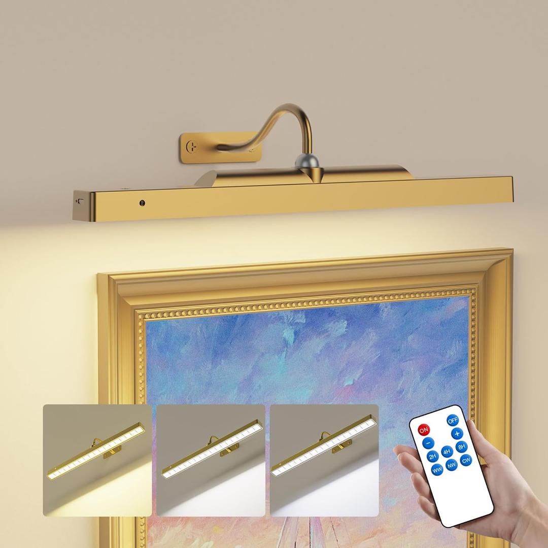 Wireless Picture Light Battery Operated, 1Pack Remote Control Painting Light with Timer, 13Hrs Service Life Art Display Light for Picture Frame Artworking Portrait, Poster, Photo, Mirror, Antique Gold