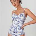 WDIRARA Women's Plant Figure Print Spaghetti Strap Shirt Sleeveless Cami Bodysuit (Blue, S)