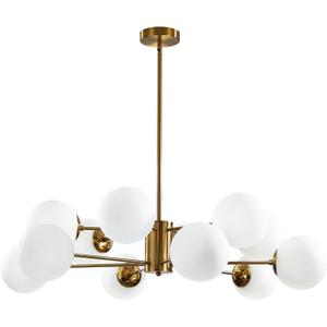 KCO Lighting 12-Light Glass Globe Sputnik Chandelier Light Fixture Mid Century Modern Chandeliers Brushed Brass Chandelier Milk White Glass Ceiling Light Fixture (Gold+White)
