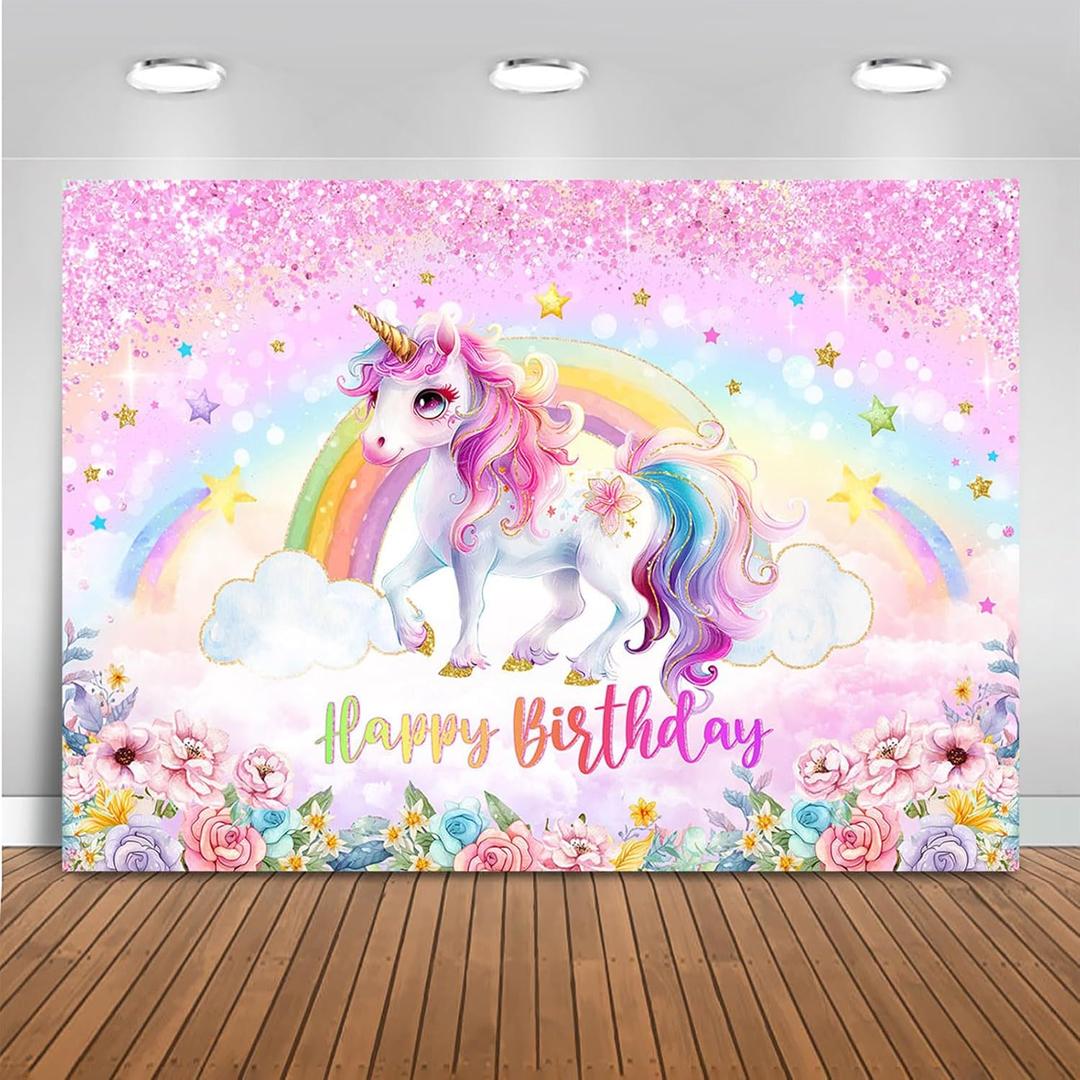 Mocsicka Unicorn Birthday Backdrop Rainbow Unicorn Theme for Girls Happy Birthday Party Decorations Pastel Glitter Photography Background Party Supplies Photo Booth Props (7x5ft(82"x60"))